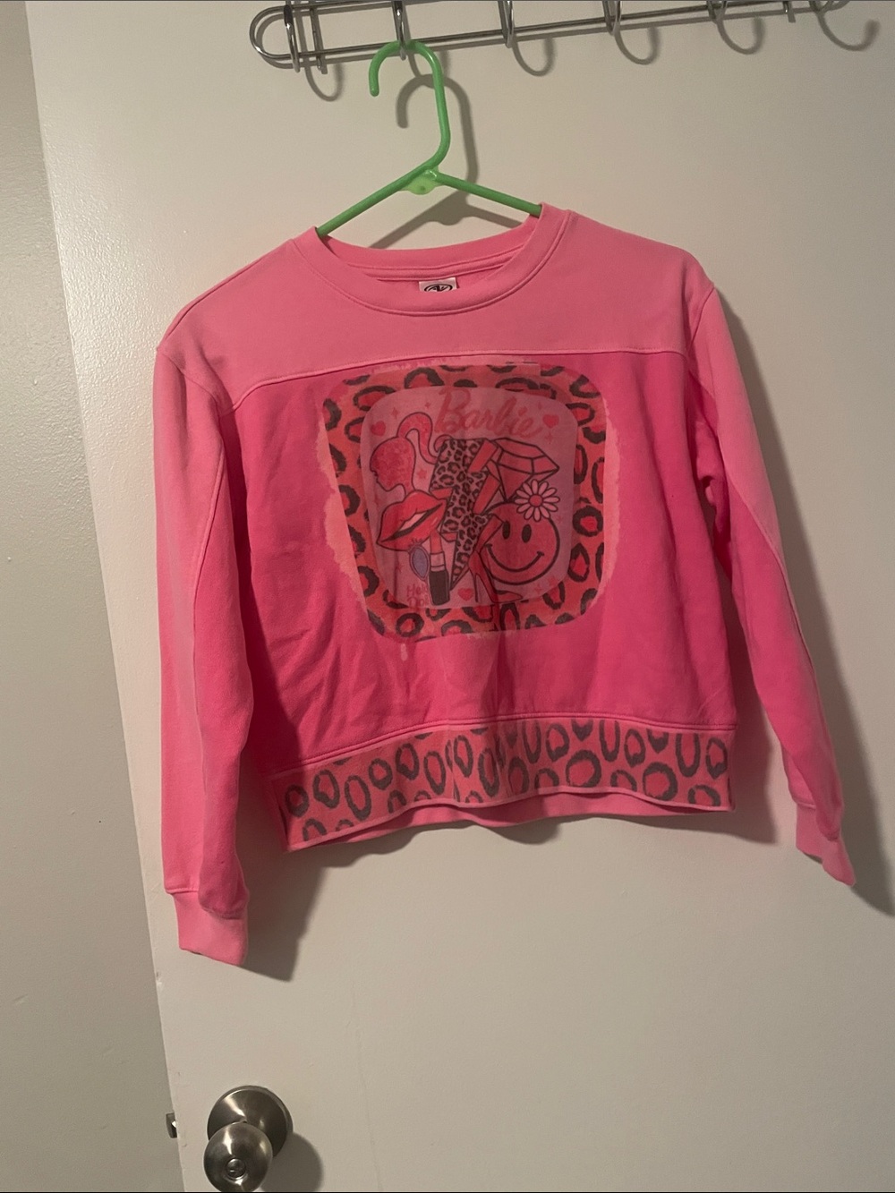 Girls'  size 10-12 Pink Graphic Sweatshirt - Barbie Playful Leopard Print